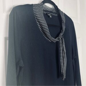 Talbots Navy Silk & Cotton 3/4 Sleeve Sweater with Polka Dot Scarf Accent EUC